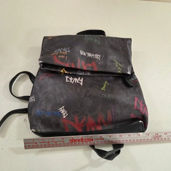 DKNY Graffiti Print Backpack Black Faux Leather NYC Streetwear Foldover Bag - Picture 10 of 10